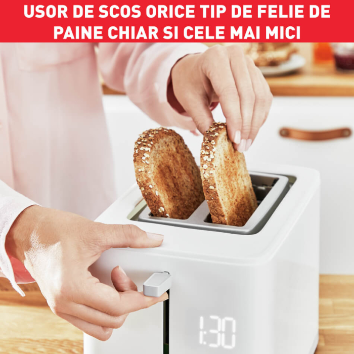 Prajitor de paine Tefal Sense TT693110, 850W, 4 functii dedicate, 7 trepte de rumenire, fante cu latime variabila, tava firimituri, alb [7]