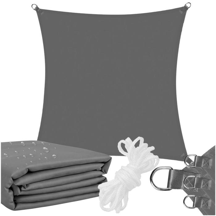 Prelata umbrire 3x3 m impermeabila cu protectie UV, grad umbrire 90%, inele inox, sfori incluse, husa transport, gri grafit [10]