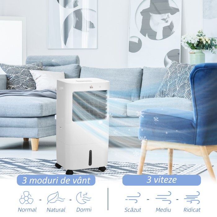 Racitor Evaporativ 3 in 1, Ventilator cu Gheata si Dezumidificator, 3 Viteze, 9 Moduri si Telecomanda, Racitor de 65W din ABS, 32x37x74 cm, Alb [6]