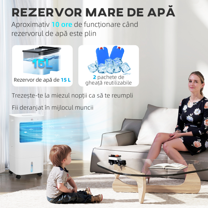  Racitor Evaporativ 3 in 1, Ventilator cu Gheata si Dezumidificator, 3 Viteze, 9 Moduri si Telecomanda, Racitor de 65W din ABS, 32x37x74 cm, Alb [4]