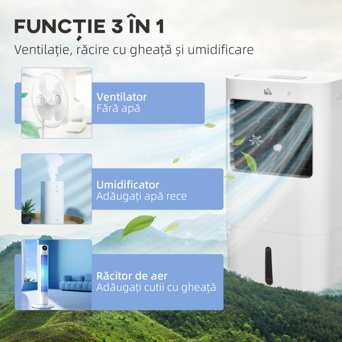  Racitor Evaporativ 3 in 1, Ventilator cu Gheata si Dezumidificator, 3 Viteze, 9 Moduri si Telecomanda, Racitor de 65W din ABS, 32x37x74 cm, Alb [5]