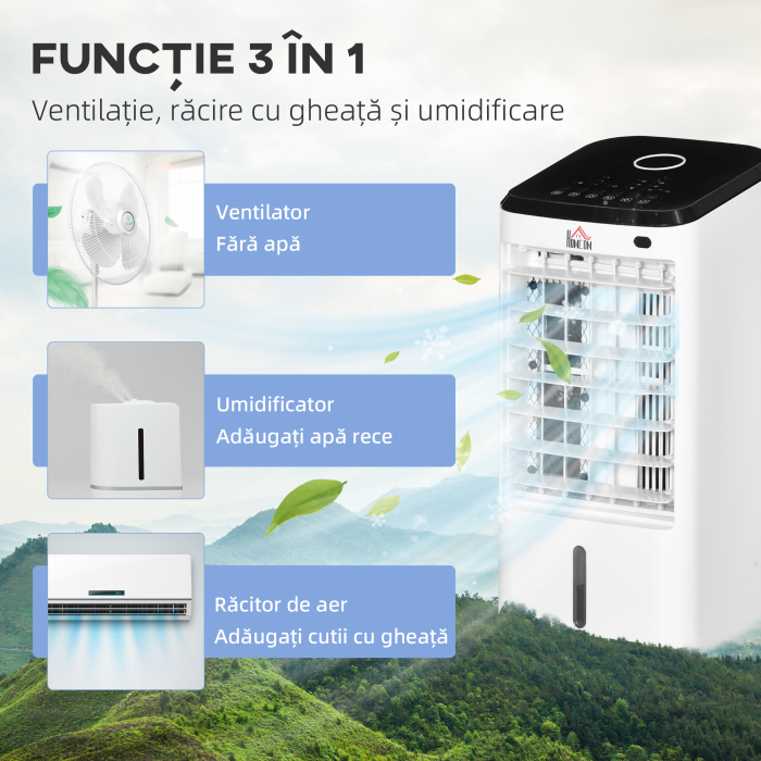  Racitor Evaporativ 3-in-1, Ventilator, Umidificator cu Gheata si Dezumidificator, 3 Viteze, 3 Moduri si Telecomanda, Timer 12 Ore, 65W din ABS, 24.5x27x60 cm, Alb [5]