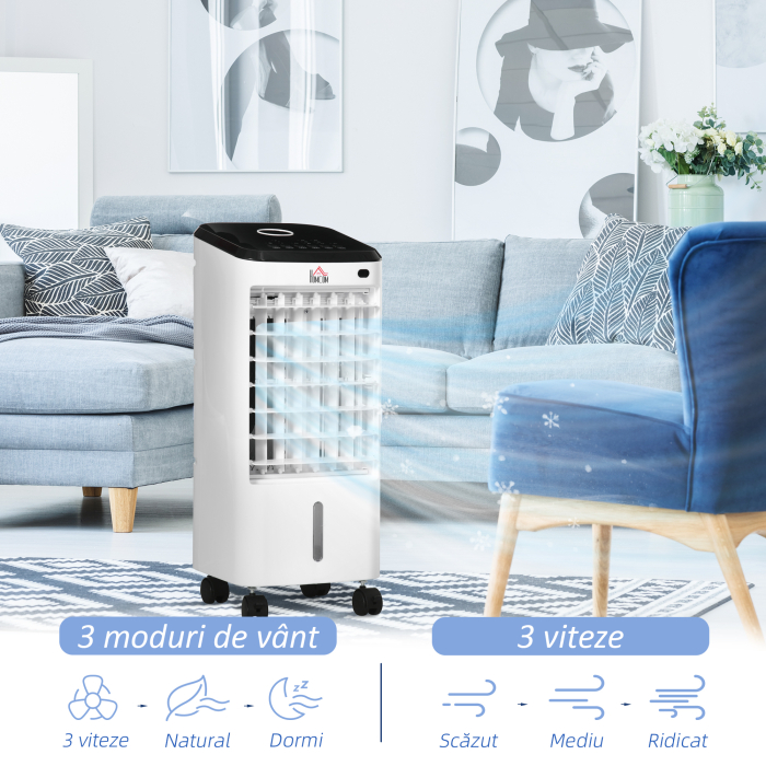  Racitor Evaporativ 3-in-1, Ventilator, Umidificator cu Gheata si Dezumidificator, 3 Viteze, 3 Moduri si Telecomanda, Timer 12 Ore, 65W din ABS, 24.5x27x60 cm, Alb [6]