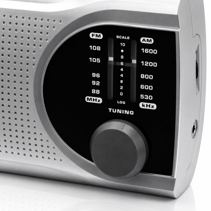 Radio portabil HAEGER SURROUND, Tuner AM/FM cu antena telescopica, Alimentare retea sau baterii, Mufa pentru casti, Maner de transport cu indicator LED, Argintiu [2]