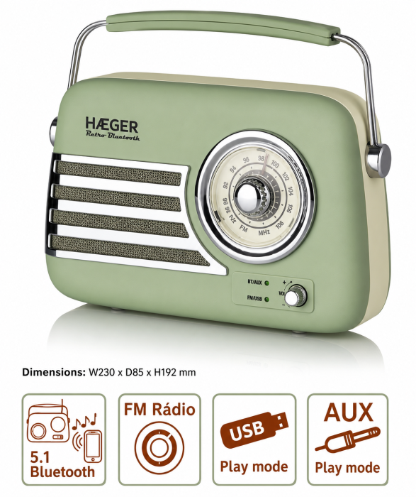 Radio vintage cu Bluetooth HAEGER RETRO BLUETOOTH, 4 moduri Bluetooth/FM/USB/AUX, Autonomie pana la 20 ore, Difuzor 5W cu amplificator 3W, Baterie incorporata cu incarcare USB-C, Verde [2]