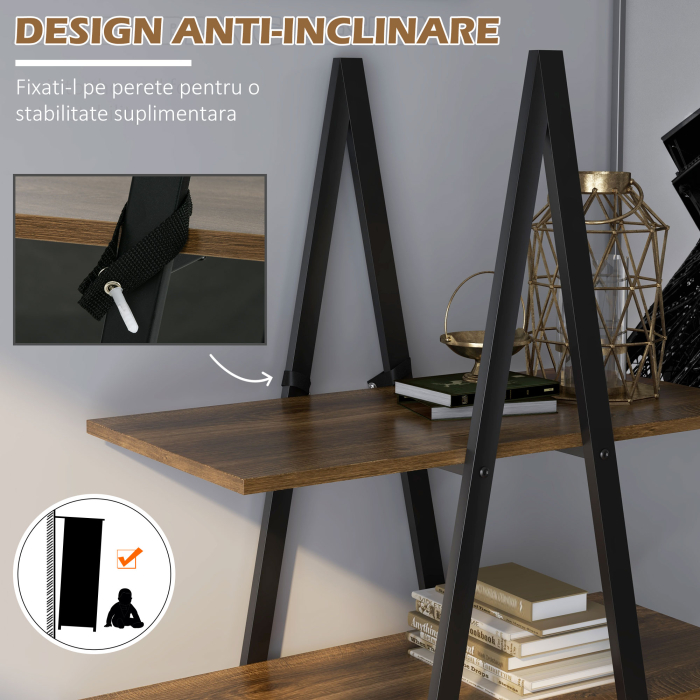  Raft Biblioteca Stil Industrial din PAL si Otel in Forma de A, 92x38.5x166 cm, Maro si Negru [6]