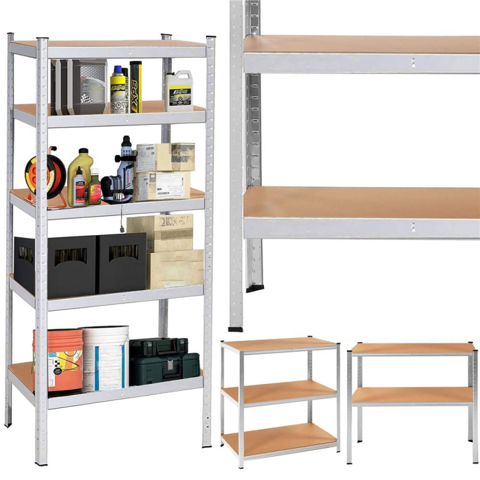 Raft metalic depozitare 5 polite MDF reglabile, max 875 kg, pliabil in 2 rafturi mici, 180x90x30 cm, argintiu [18]