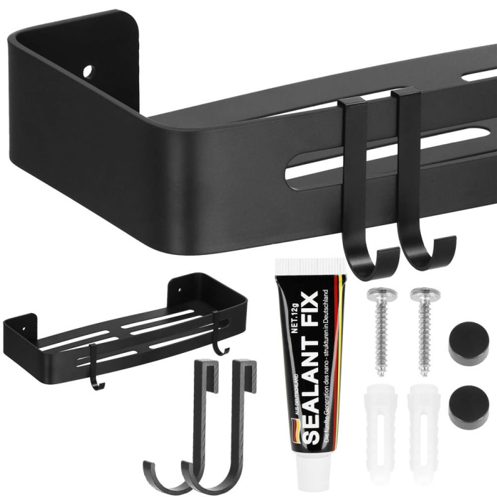 Raft de baie cu 2 agatatori, 2 sisteme instalare pe perete, aluminiu, 32x12x4cm, negru [11]