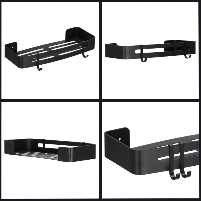 Raft de baie cu 2 agatatori, 2 sisteme instalare pe perete, aluminiu, 32x12x4cm, negru [6]