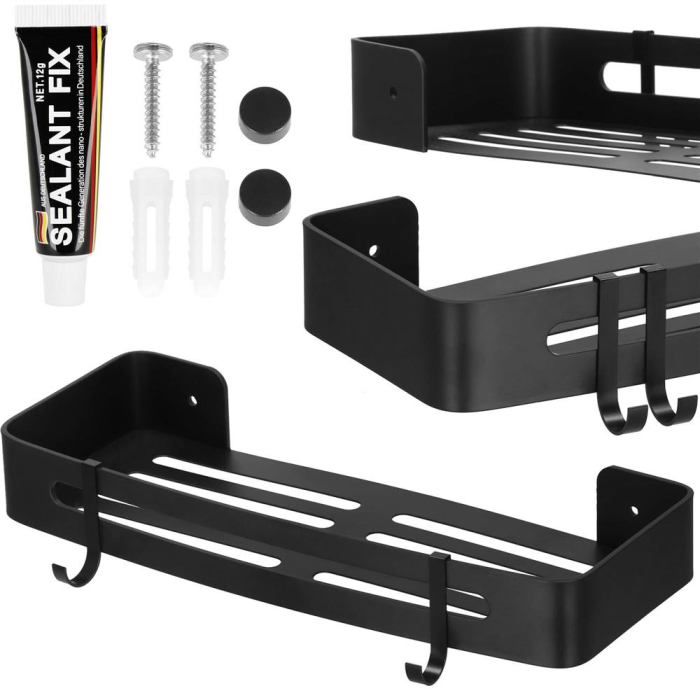 Raft de baie cu 2 agatatori, 2 sisteme instalare pe perete, aluminiu, 32x12x4cm, negru [12]