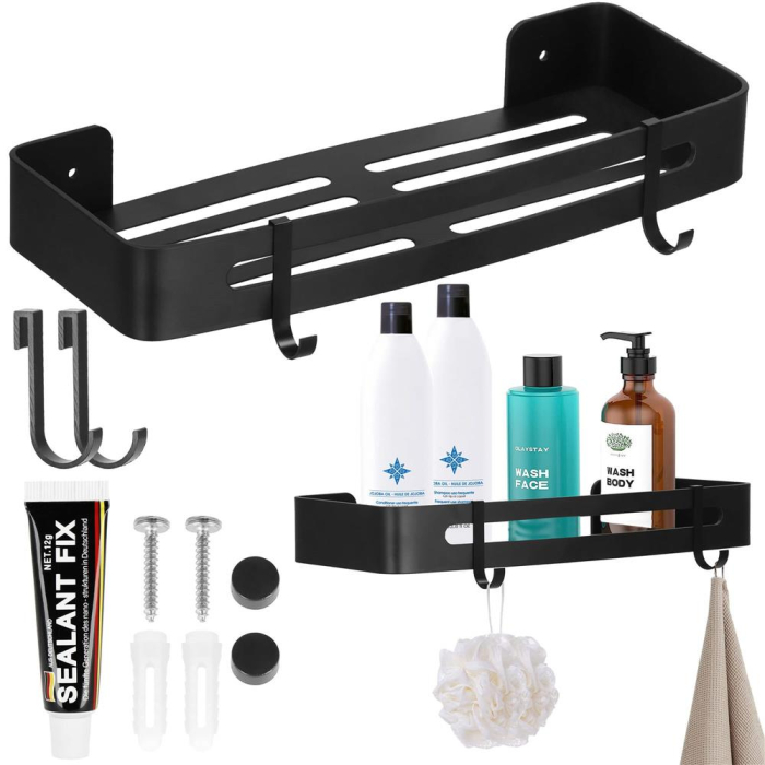 Raft de baie cu 2 agatatori, 2 sisteme instalare pe perete, aluminiu, 32x12x4cm, negru [14]