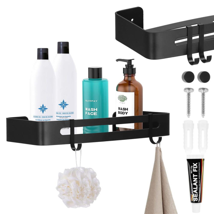 Raft de baie cu 2 agatatori, 2 sisteme instalare pe perete, aluminiu, 32x12x4cm, negru [13]