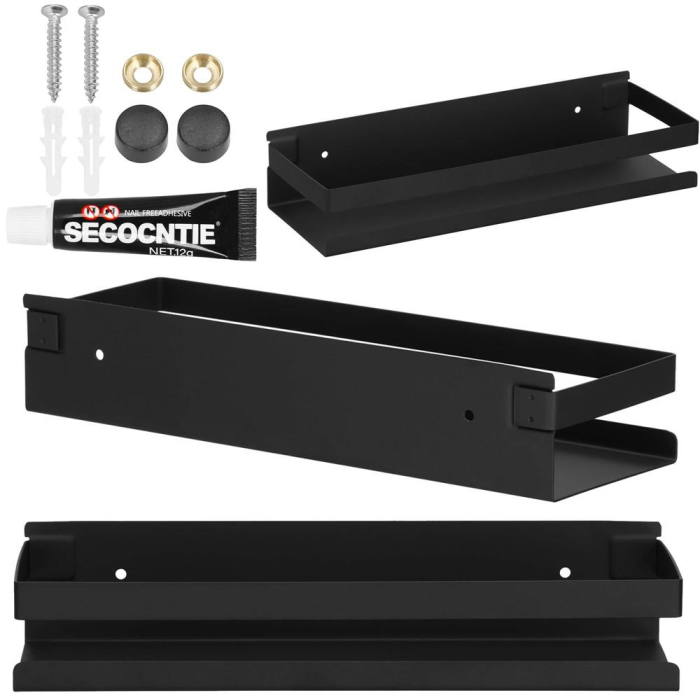 Raft de baie cu 2 sisteme instalare pe perete, aluminiu, 30x10x6cm, negru [6]