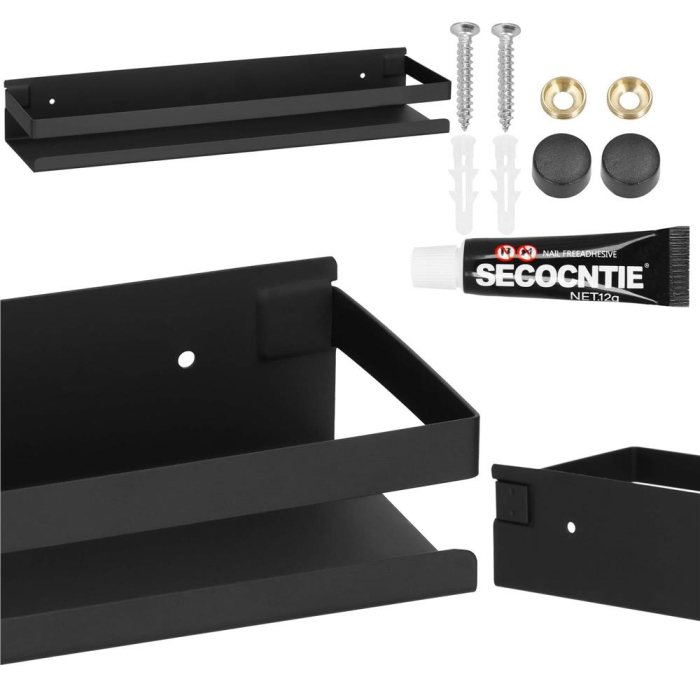 Raft de baie cu 2 sisteme instalare pe perete, aluminiu, 40x10x6cm, negru [16]