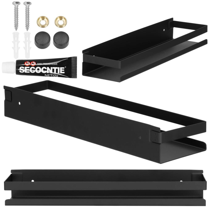 Raft de baie cu 2 sisteme instalare pe perete, aluminiu, 40x10x6cm, negru [20]