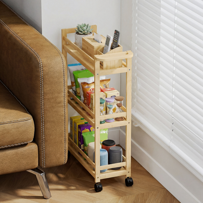  Raft de Baie din Bambus cu 3 Niveluri, Carucior Organizator cu Roti pentru Bucatarie, Baie, Living, 55 x 20 x 75 cm - Natural [8]