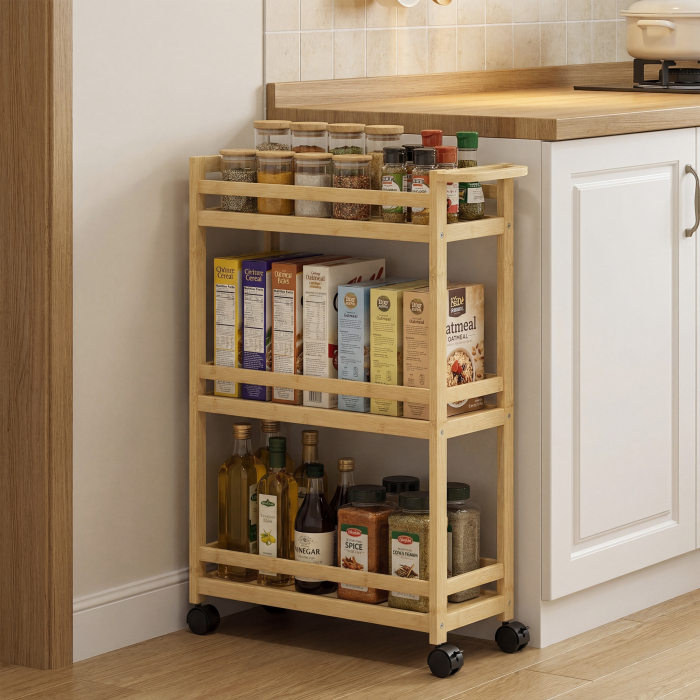  Raft de Baie din Bambus cu 3 Niveluri, Carucior Organizator cu Roti pentru Bucatarie, Baie, Living, 55 x 20 x 75 cm - Natural [7]