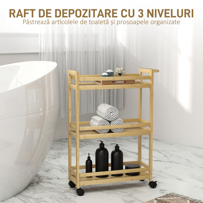  Raft de Baie din Bambus cu 3 Niveluri, Carucior Organizator cu Roti pentru Bucatarie, Baie, Living, 55 x 20 x 75 cm - Natural [4]