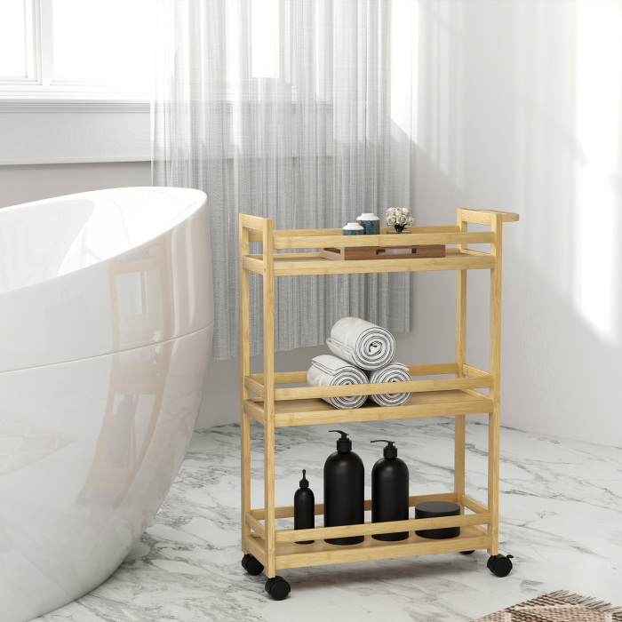  Raft de Baie din Bambus cu 3 Niveluri, Carucior Organizator cu Roti pentru Bucatarie, Baie, Living, 55 x 20 x 75 cm - Natural [2]