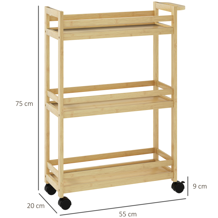  Raft de Baie din Bambus cu 3 Niveluri, Carucior Organizator cu Roti pentru Bucatarie, Baie, Living, 55 x 20 x 75 cm - Natural [3]