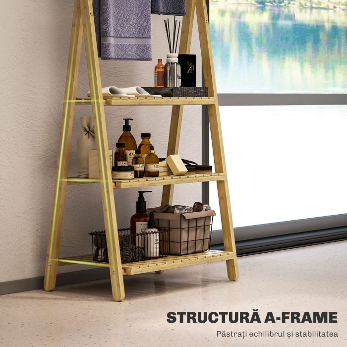  Raft de Baie Pliabil pentru Prosoape cu 3 Rafturi si 3 Bare,  53,5x30x153 cm, Lemn Natural [7]
