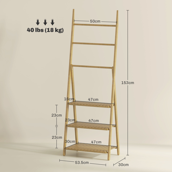  Raft de Baie Pliabil pentru Prosoape cu 3 Rafturi si 3 Bare,  53,5x30x153 cm, Lemn Natural [3]