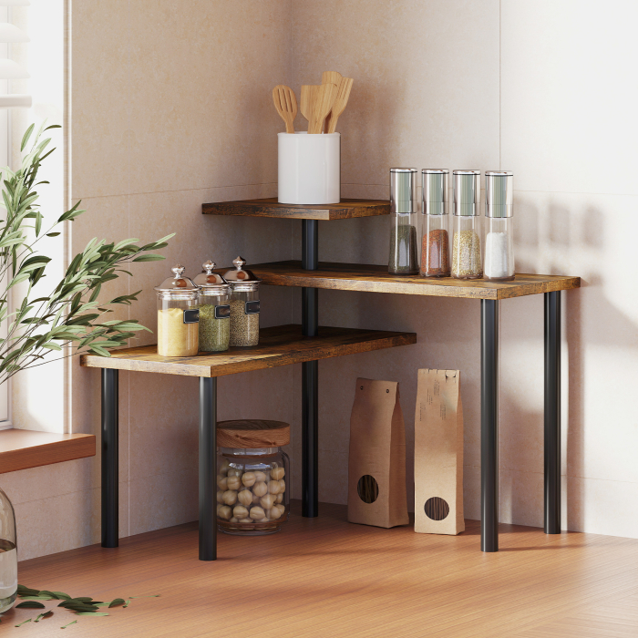  Raft de Bucatarie cu 3 Nivele Rotative Economisitor de Spatiu din Lemn si Otel, 40x10x36.5 cm, Maro Rustic [2]