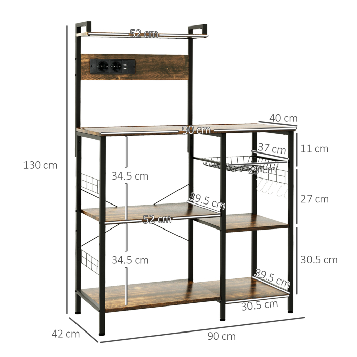  Raft de bucatarie cu priza multipla pentru microunde, cu rafturi si cos din plasa, 90x42x130cm, maro [5]