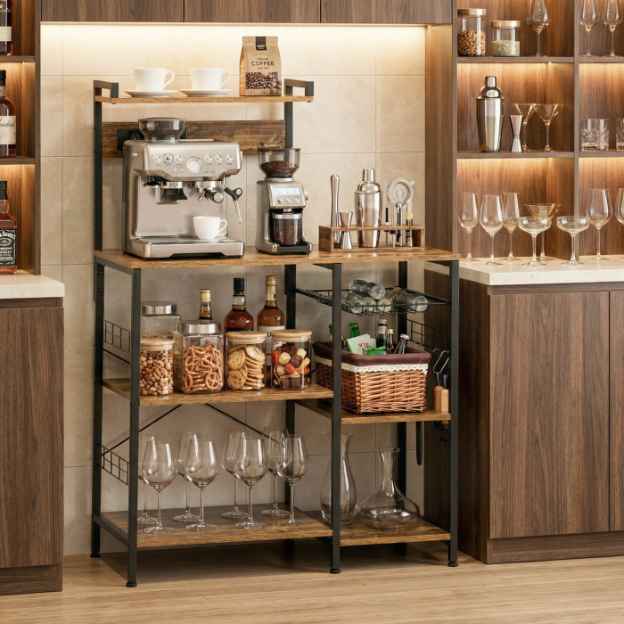  Raft de bucatarie cu priza multipla pentru microunde, cu rafturi si cos din plasa, 90x42x130cm, maro [9]