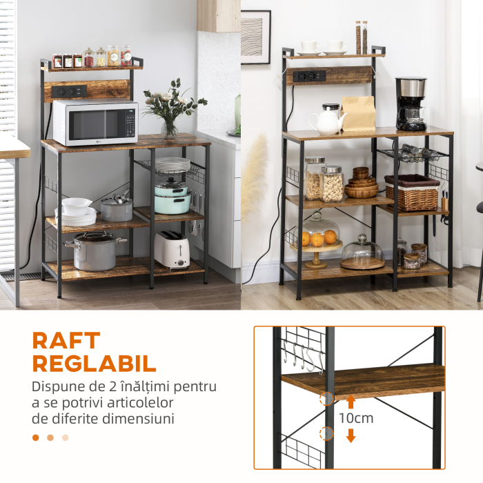  Raft de bucatarie cu priza multipla pentru microunde, cu rafturi si cos din plasa, 90x42x130cm, maro [7]