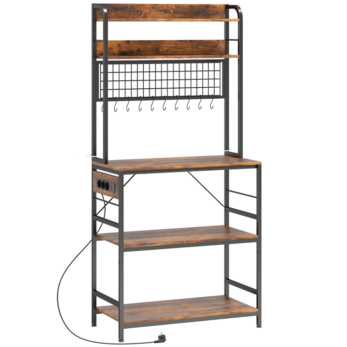  Raft de Bucatarie cu Statie de Alimentare si Rafturi Reglabile, Raft pentru Cuptor cu Microunde 5 Nivele cu Panou de Grilaj si 10 Carlige, Dulap Vintage Structura din Otel, 80x40x170 cm, Maro Rustic [1]