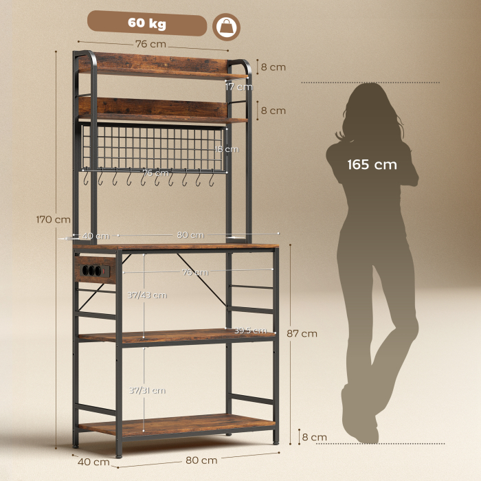  Raft de Bucatarie cu Statie de Alimentare si Rafturi Reglabile, Raft pentru Cuptor cu Microunde 5 Nivele cu Panou de Grilaj si 10 Carlige, Dulap Vintage Structura din Otel, 80x40x170 cm, Maro Rustic [3]