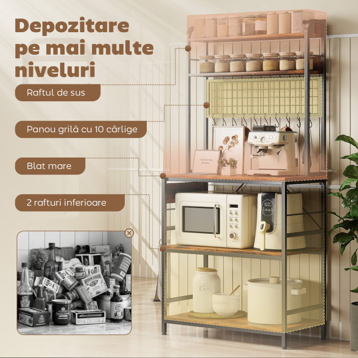 Raft de Bucatarie cu Statie de Alimentare si Rafturi Reglabile, Raft pentru Cuptor cu Microunde 5 Nivele cu Panou de Grilaj si 10 Carlige, Dulap Vintage Structura din Otel, 80x40x170 cm, Maro Rustic [5]