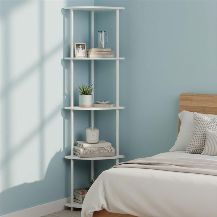 Raft de colt cu 5 polite, MDF, cadru metalic, 148x30x30 cm, alb [8]