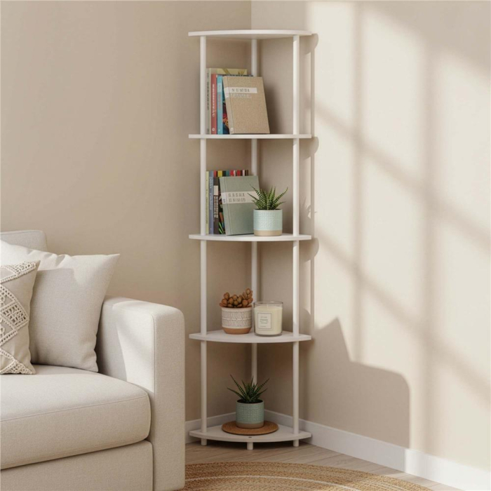 Raft de colt cu 5 polite, MDF, cadru metalic, 148x30x30 cm, alb [7]