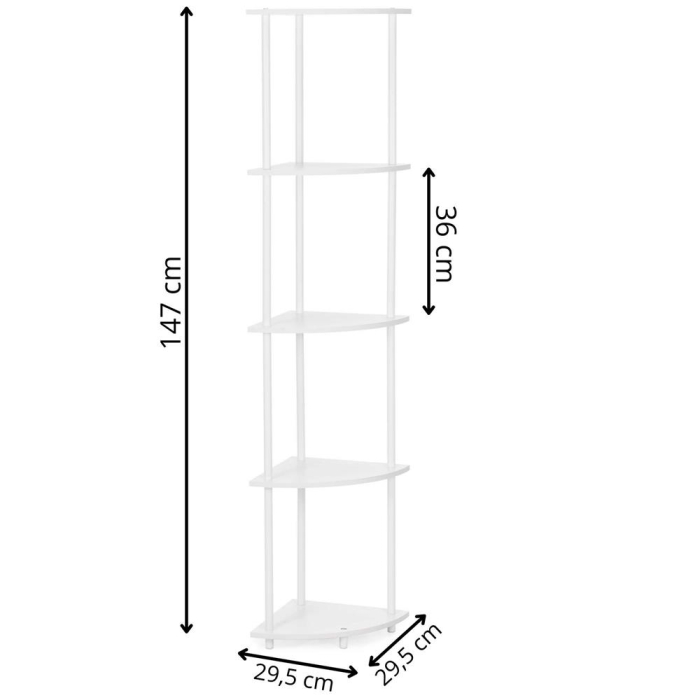 Raft de colt cu 5 polite, MDF, cadru metalic, 148x30x30 cm, alb [12]