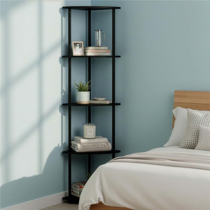 Raft de colt cu 5 polite, MDF, cadru metalic, 148x30x30 cm, negru [9]