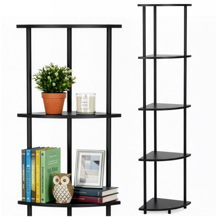 Raft de colt cu 5 polite, MDF, cadru metalic, 148x30x30 cm, negru [6]