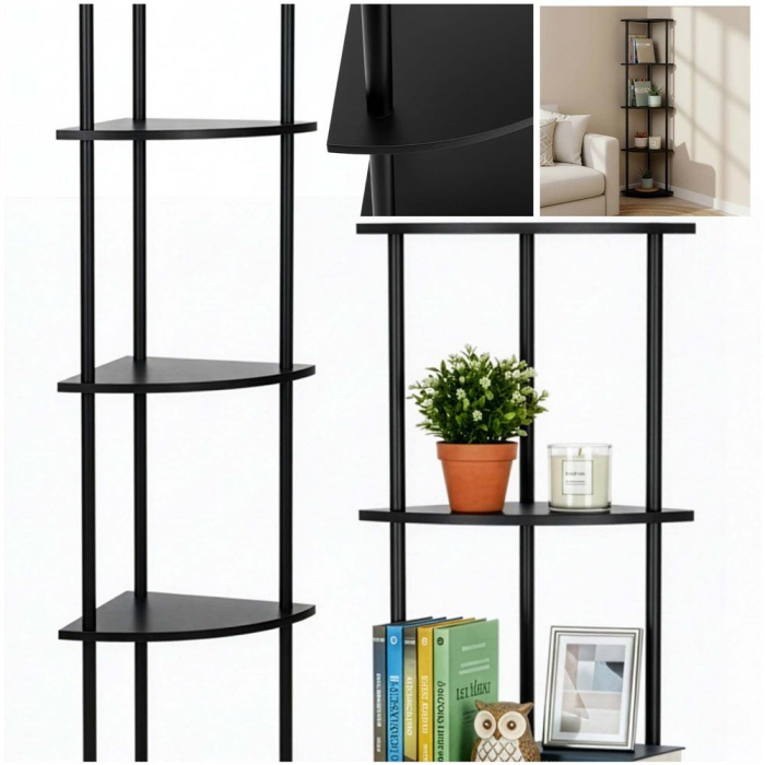 Raft de colt cu 5 polite, MDF, cadru metalic, 148x30x30 cm, negru [4]