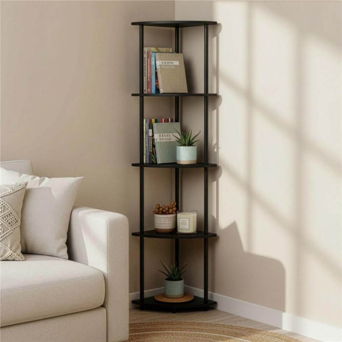 Raft de colt cu 5 polite, MDF, cadru metalic, 148x30x30 cm, negru [8]