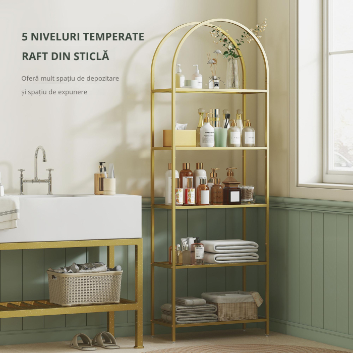 Raft de Depozitare Arcuit cu 5 Nivele din Otel si Sticla Securizata, 60x30x175 cm, Auriu [5]