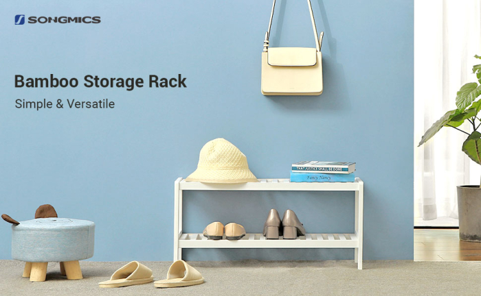 Raft de depozitare din bambus, cu 2 niveluri, 26x70x33cm, alb [8]