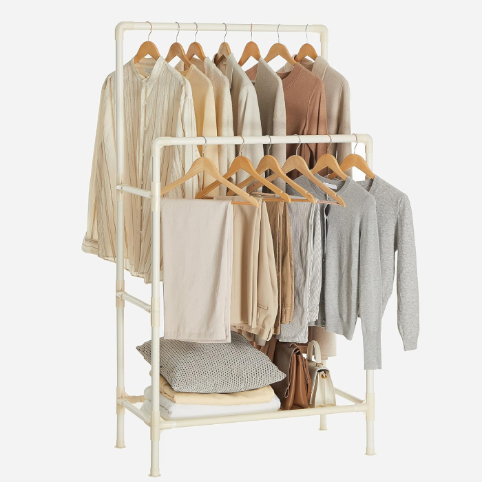 Raft de haine din metal, cu 2 bare de haine si 1 raft, maxim 70 kg, industrial, 45x83x157cm, alb [8]