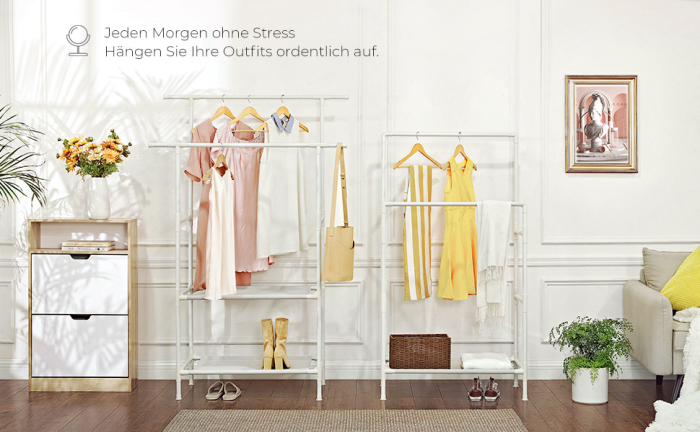 Raft de haine din metal, cu 2 bare de haine si 1 raft, maxim 70 kg, industrial, 45x83x157cm, alb [10]