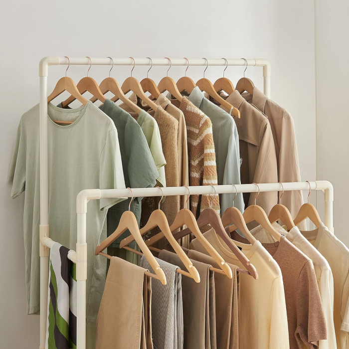 Raft de haine din metal, cu 2 bare de haine si 1 raft, maxim 70 kg, industrial, 45x83x157cm, alb [3]