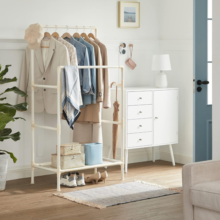 Raft de haine din metal, cu 2 bare de haine si 1 raft, maxim 70 kg, industrial, 45x83x157cm, alb [9]