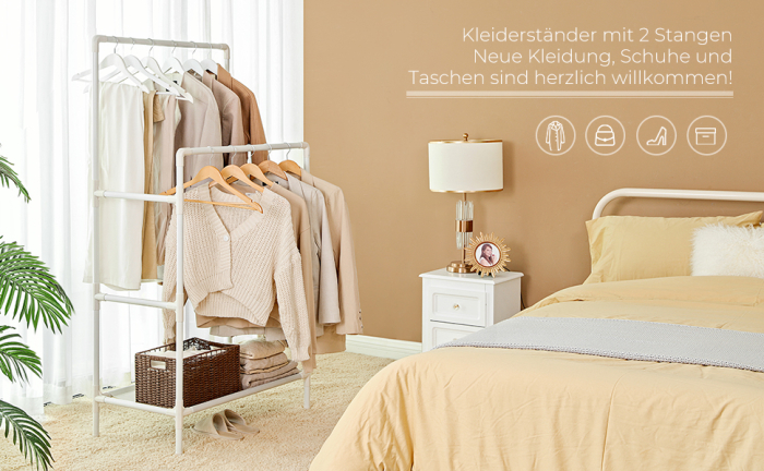 Raft de haine din metal, cu 2 bare de haine si 1 raft, maxim 70 kg, industrial, 45x83x157cm, alb [11]