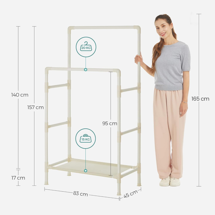 Raft de haine din metal, cu 2 bare de haine si 1 raft, maxim 70 kg, industrial, 45x83x157cm, alb [5]