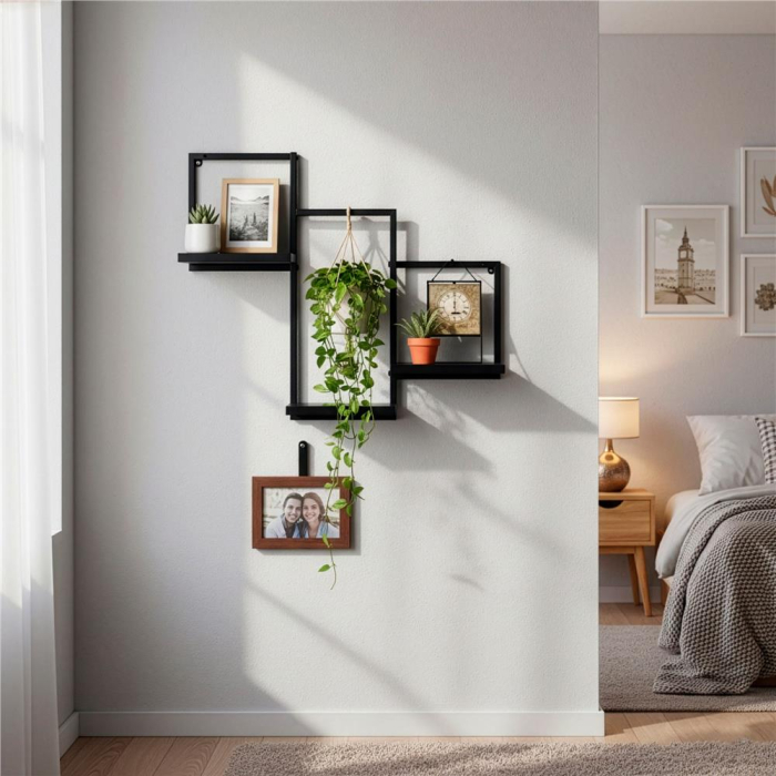 Raft de perete cu 3 polite din MDF si cadru metalic, 58x21x50 cm, negru [7]