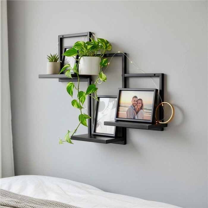 Raft de perete cu 3 polite din MDF si cadru metalic, 58x21x50 cm, negru [6]